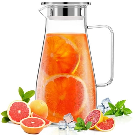 64 oz Glass Pitcher with Lid and Spout, 1.8L Heat & Cold Resistant Glass Water Carafe with Handle for Hot/Cold Water, Easy to Clean Large Drink Pitcher for Cold and Hot Beverage