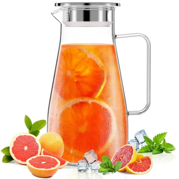 64 oz Glass Pitcher with Lid and Spout, 1.8L Heat & Cold Resistant Glass Water Carafe with Handle for Hot/Cold Water, Easy to Clean Large Drink Pitcher for Cold and Hot Beverage