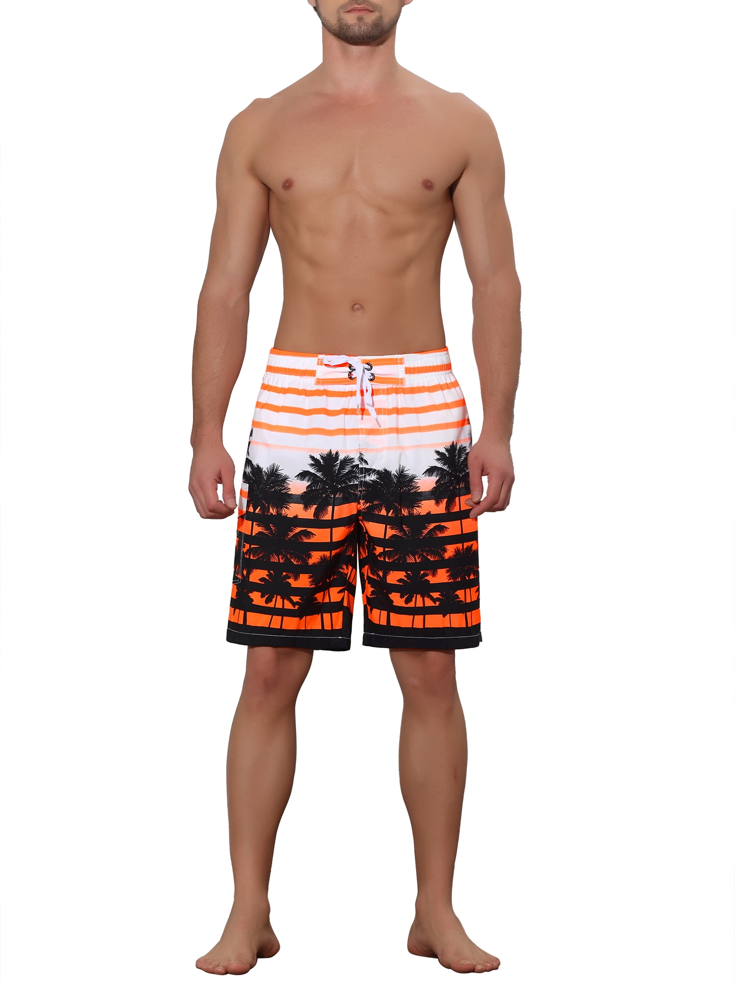 Unique Bargains Men's Color Block Tropical Trees Printed Striped Beach Shorts 36 Orange