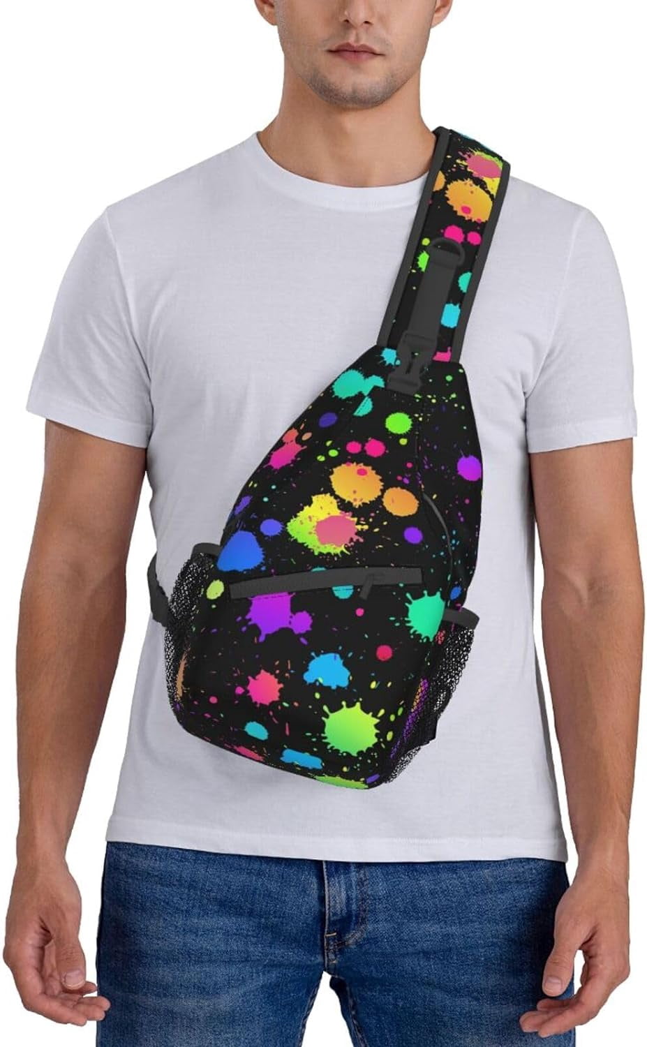 Glow in Dark Splatter Neon Rainbow Pattern Sling Bag Crossbody Hiking Travel Chest Bags Backpack Shoulder Daypack for Women Men