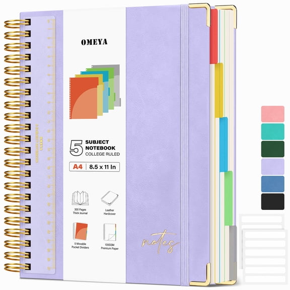 OMEYA Spiral Notebook 8.5 x 11 in, Hardcover 5 Subject Notebook with Pocket Dividers, 300 Pages 100GSM College Ruled Notebooks with Tabs, Thick Lined Writing Journal for Women, Men