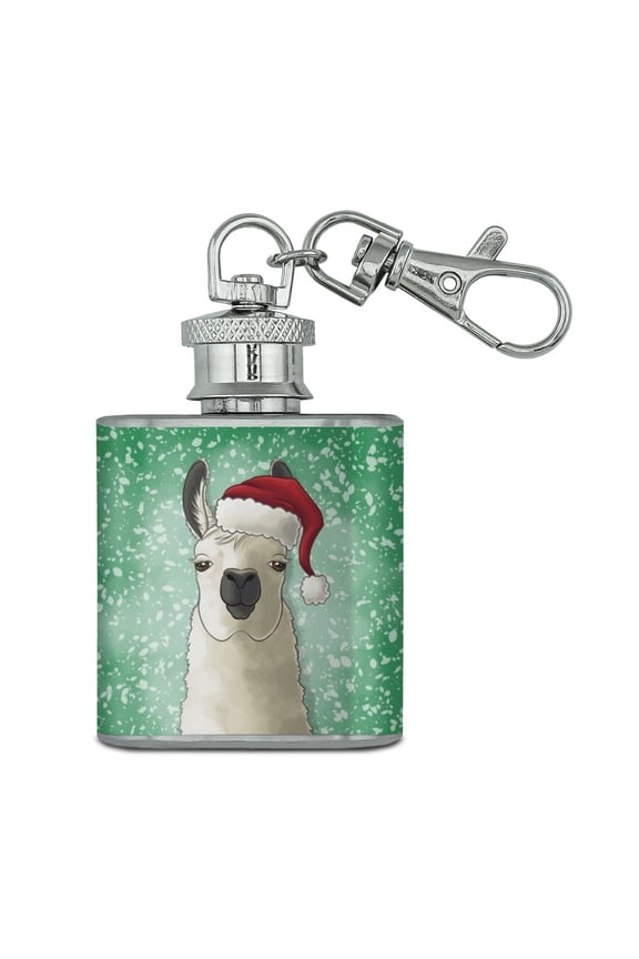 Fa La La La Llama Christmas Santa Hat Stainless Steel 1oz Mini Flask Key Chain