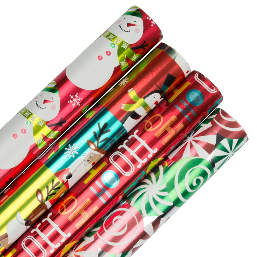 JAM Paper® Wrapping Paper, Premium Foil Gift Wrap, 100 Sq Ft, Red HoHoHo Santa Set, 4/Pack
