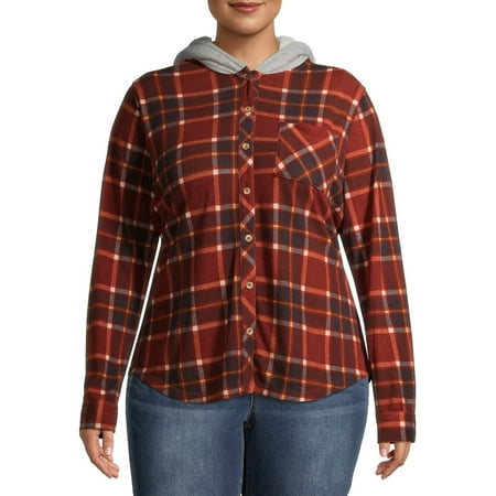 No Boundaries Printed Hacci Plaid Hoodie (Juniors' Plus) 1 Pack