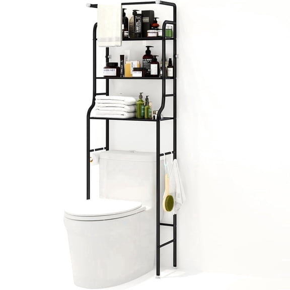 SUSUZI Over the Toilet Storage Rack, 3-Tier Bathroom Space Saver Organizer with Towel Bar, Freestanding Metal Toilet Shelf for Small Bathroom & Laundry Room, Black
