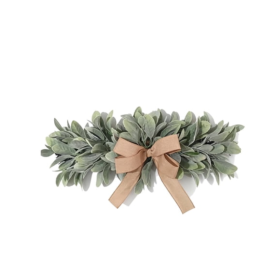 Artificial Lambs Ear Swag, Faux Foliage Garland, Lambs Ear Horizontal Swag with Burlap Bow, Greenery Door Topper, Rustic Farmhouse Wall Hanging Decor, Leaf Arrangement for Wall Display
