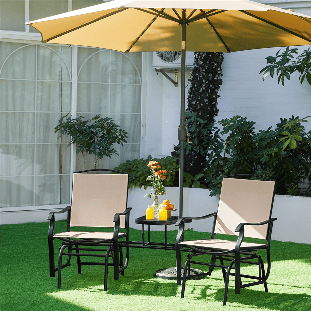 Alden Design 2-Person Texteline Patio Glider Chair W/ Table for Outdoor, Beige