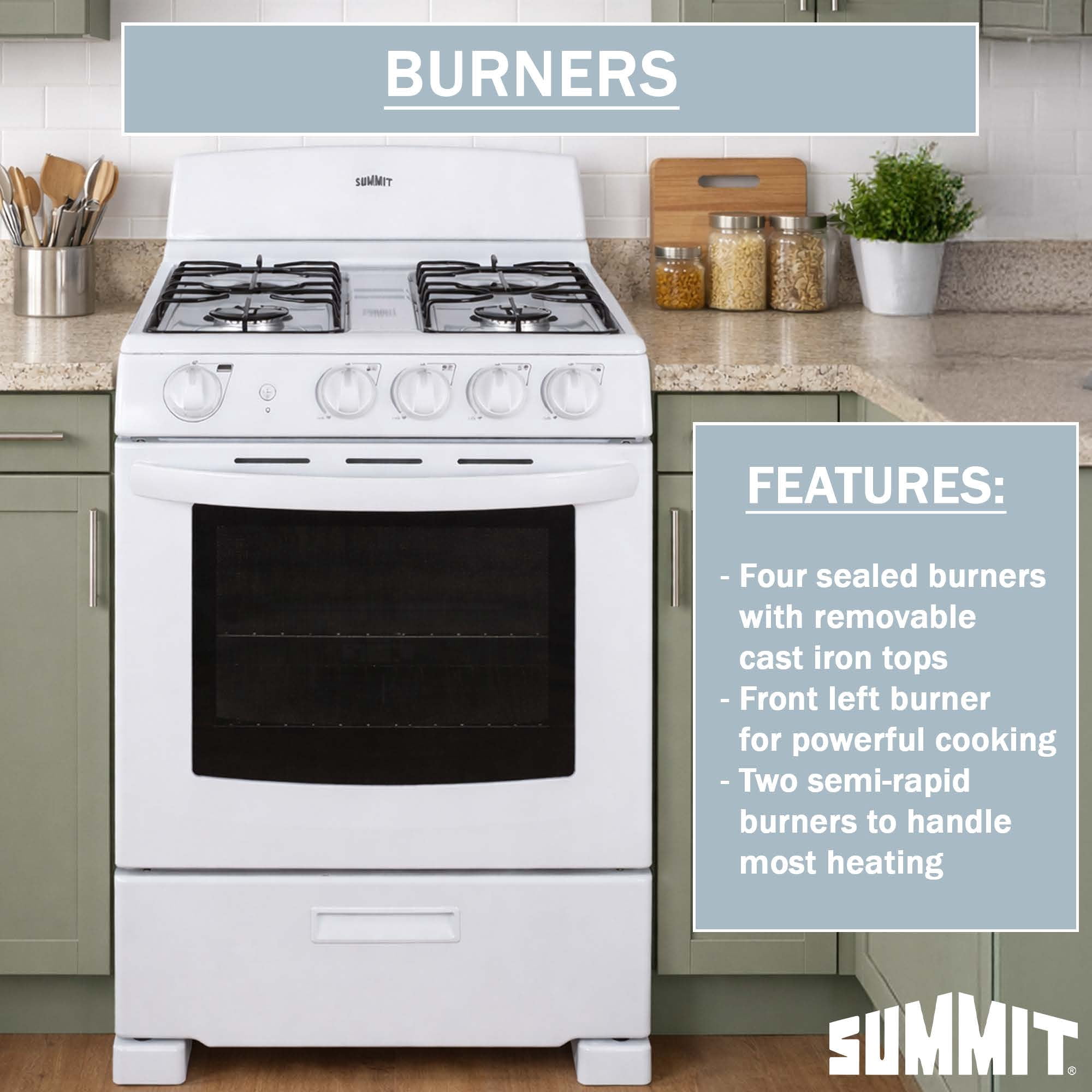 Summit 24 Inch Gas Range, 2.9 cu. ft. Oven, White - RG244WS