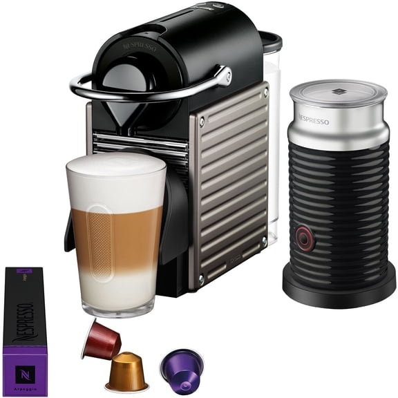 Breville Nespresso Pixie Single-Serve Espresso Machine in New Electric Titanium and Aeroccino Milk Frother in Black