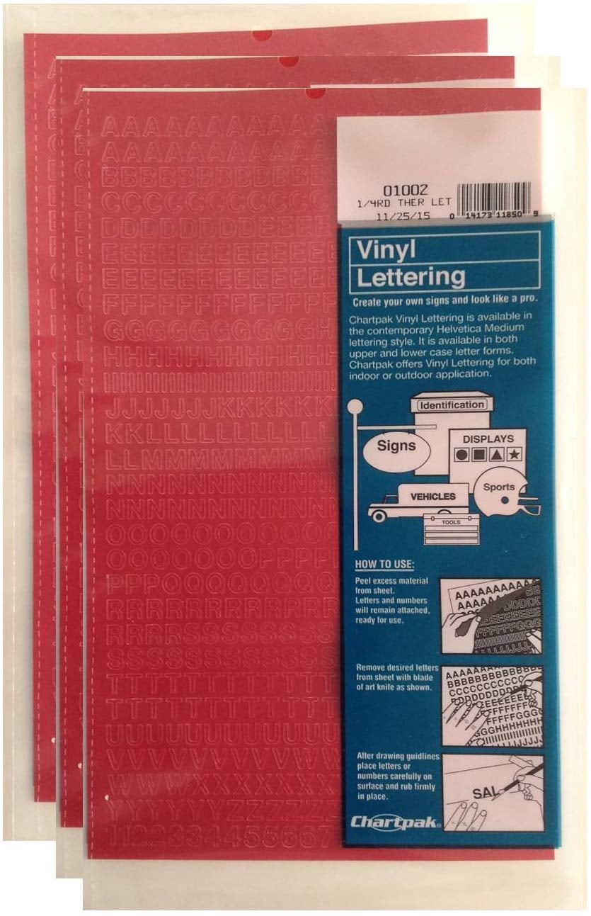 3 PACKS 01002 Chartpak 1/4-inch Red Stick-on Vinyl Letters & Numbers 