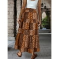 thumbnail image 2 of Coffee Brown Patchwork Print Drawstring Waist Tiered Maxi Skirt With Ruffle Hem, 2 of 6