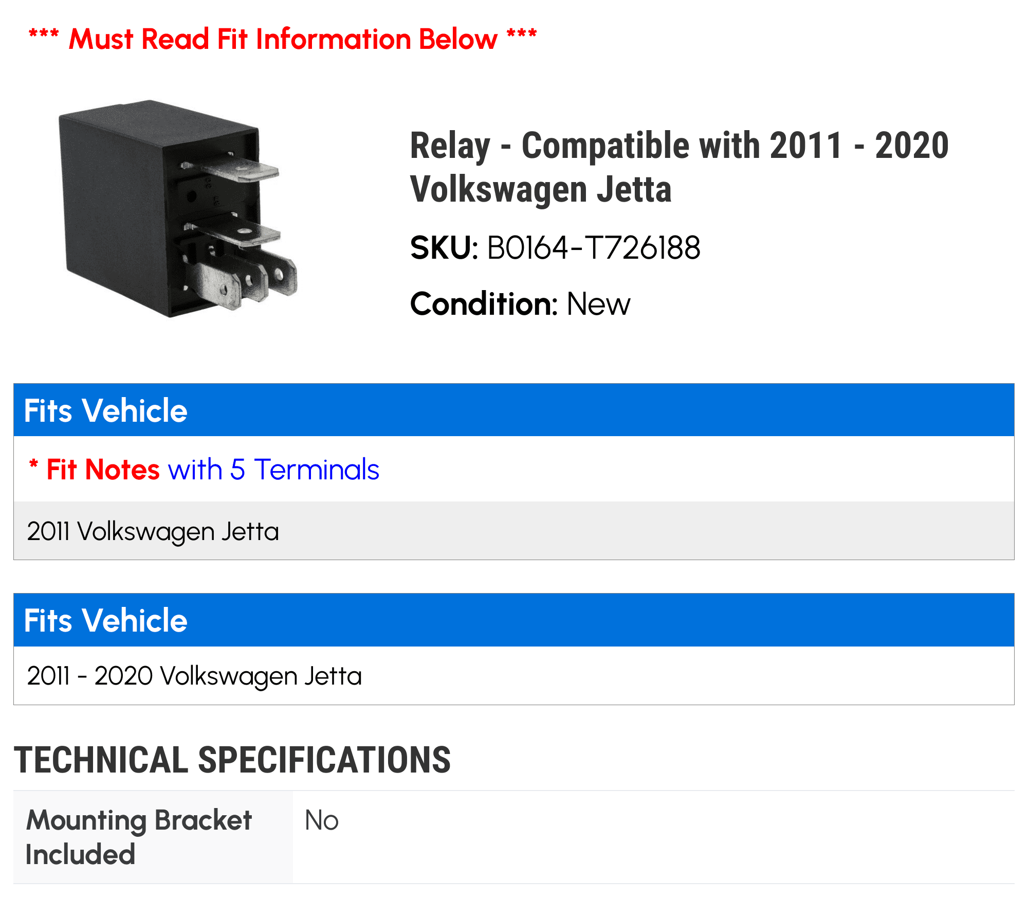 Relay - Compatible with 2011 - 2020 Volkswagen Jetta 2012 2013 2014 2015 2016 2017 2018 2019