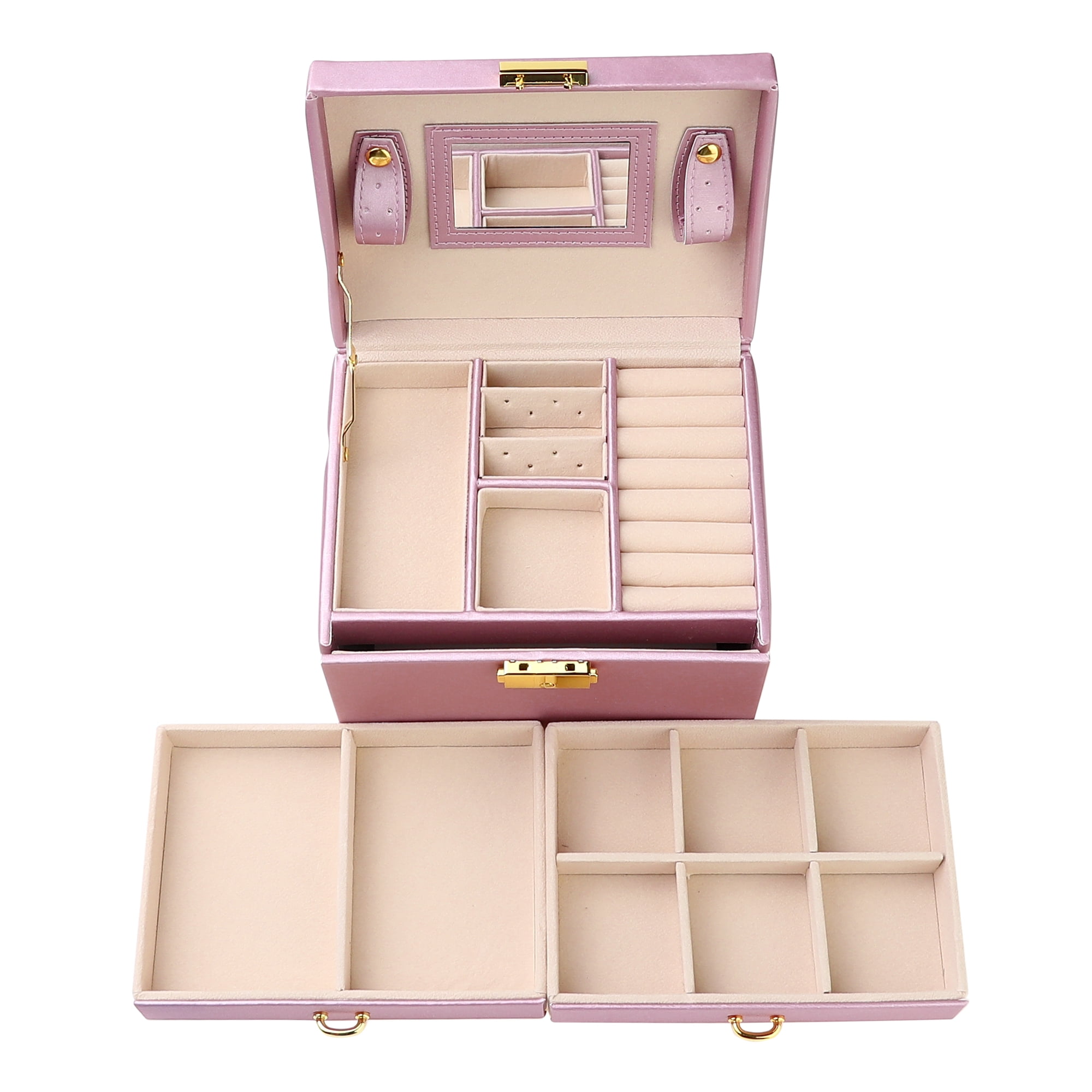 Unique Bargains 3 Layer Jewelry Box with Mirror for Women PU Leather Jewelry Organizer Purple