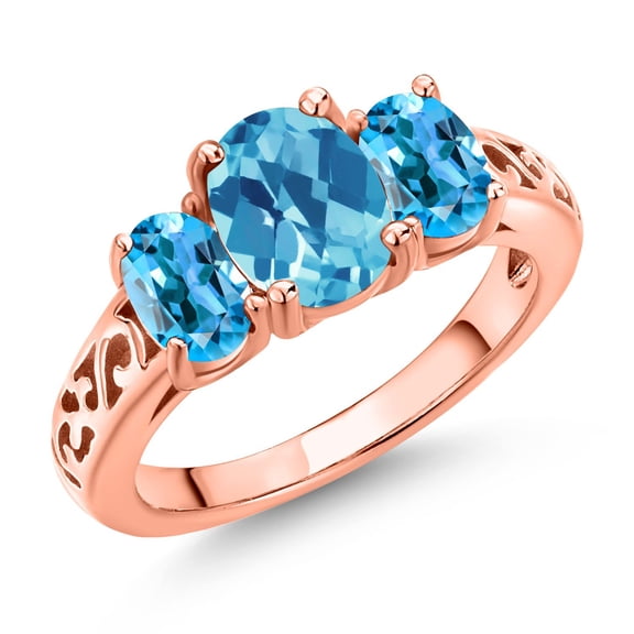 Gem Stone King 18K Rose Gold Plated Silver Swiss Blue Topaz Filigree Style 3 Stone Ring for Women (2.40 Cttw, Oval 8X6MM and 6X4MM) (Size 5)