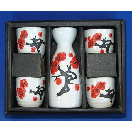 

Ceramic White Japanese Saki Set with Red Plum Pictures