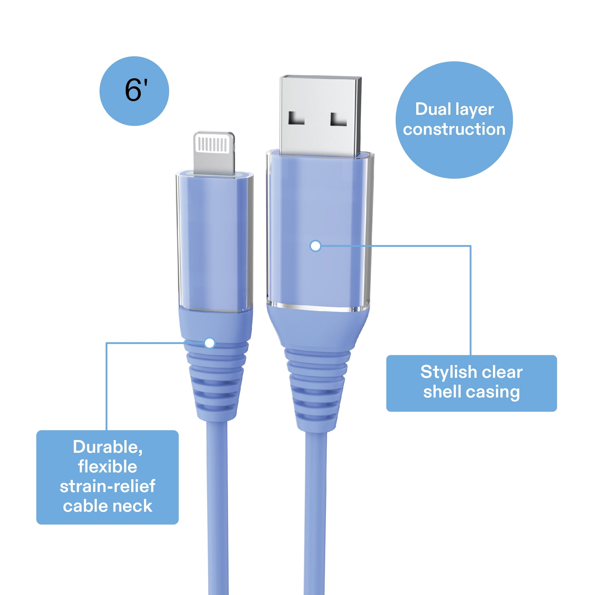 onn 6ft Lightning to USB Charging Cable, MFI Certified, Blue - Compatible with iPhone 14/13/12/11/X/XR/XS/8/7/6/5, iPad, Airpods and more