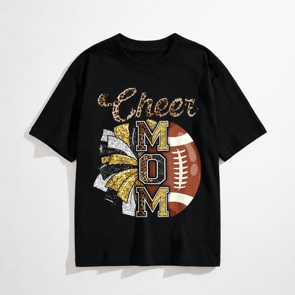 Football Cheer Mom Gold Black Pom Leopard T-Shirt