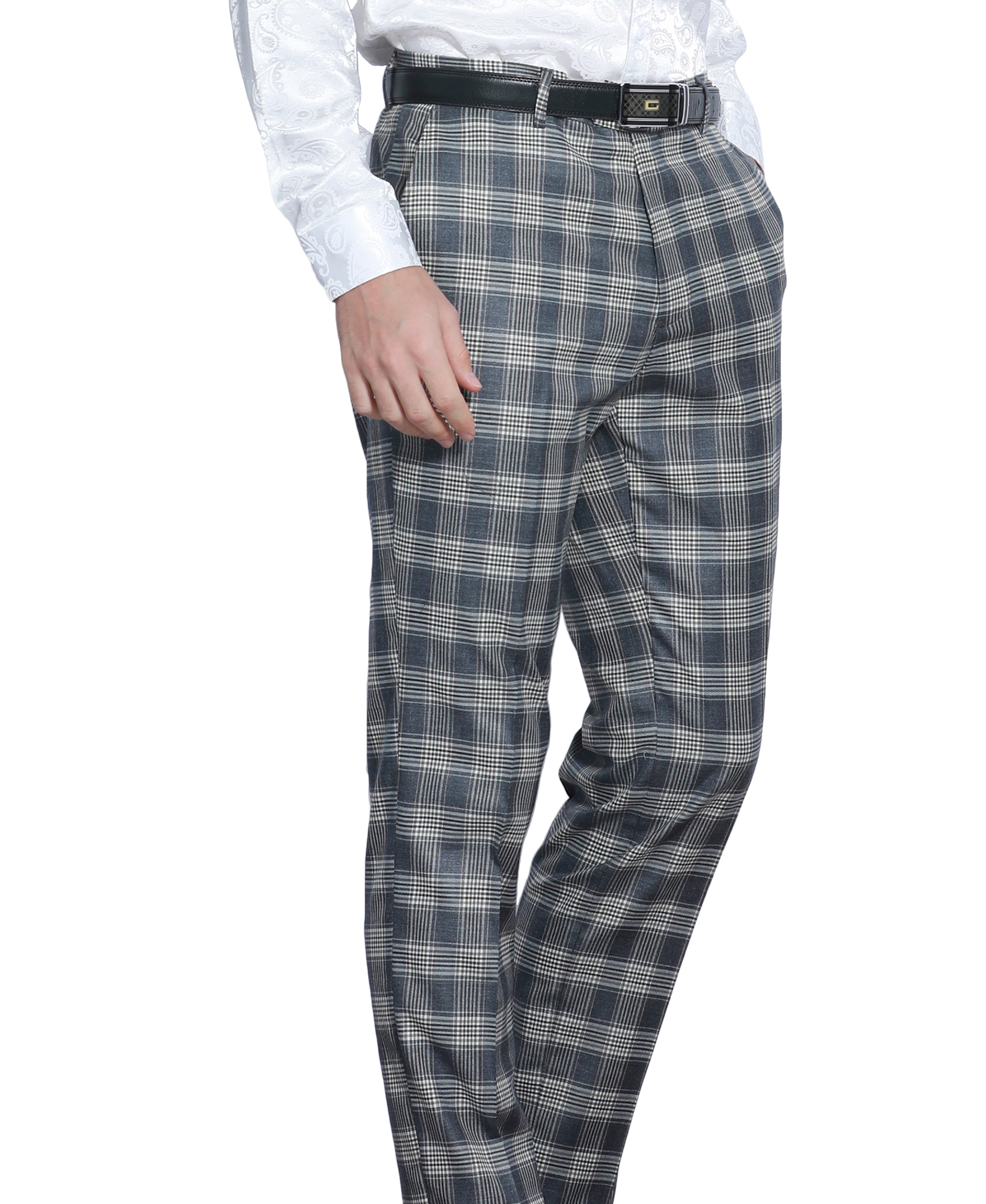 TZ Men's Premium Skinny Fit Dress Pants, Blue Plaid Trousers