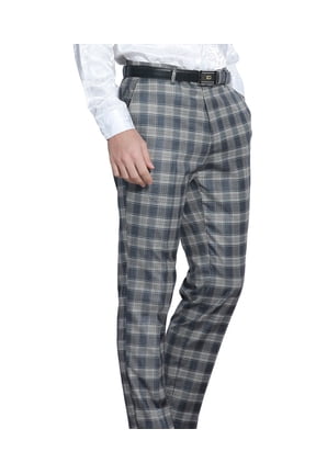 Men's Premium Skinny Fit Dress Pants, Blue Plaid Trousers