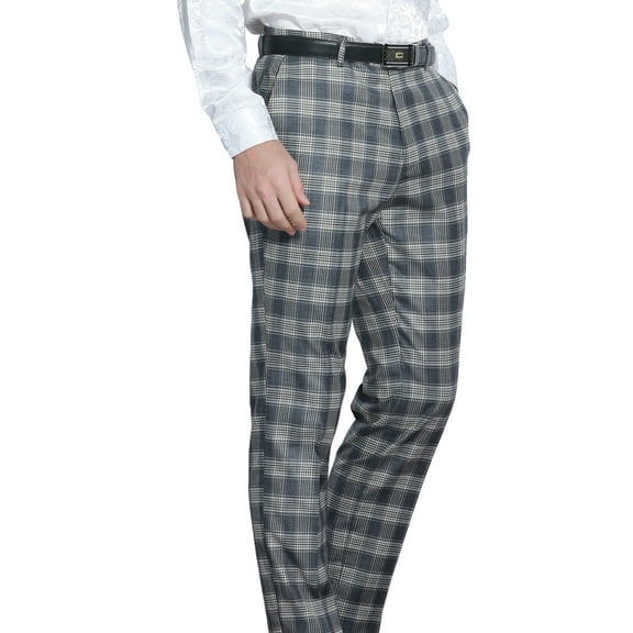 TZ Men's Premium Skinny Fit Dress Pants, Blue Plaid Trousers