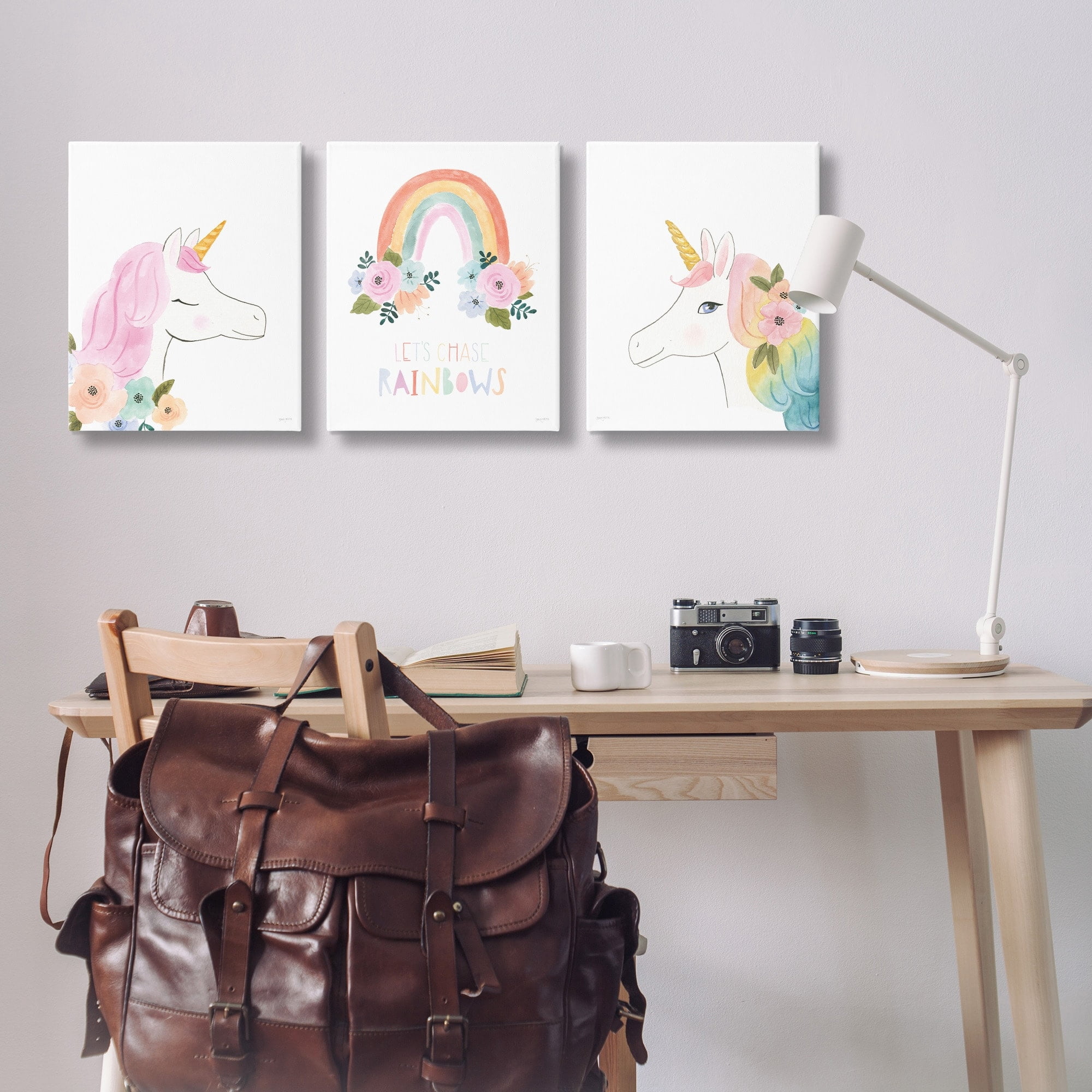 Stupell Industries Let's Chase Rainbows Phrase Fantasy Floral Unicorns Design by Jenaya Jackson, 3 Piece, 16" x 20"