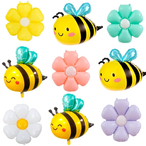 4pcs Bee Birthday Party Decorations, Bee Balloons/Bumble Bee Foil Balloon 5pcs Colorful Flower Foil Balloon/Flower Balloons for Bee Party Decorations Supplies