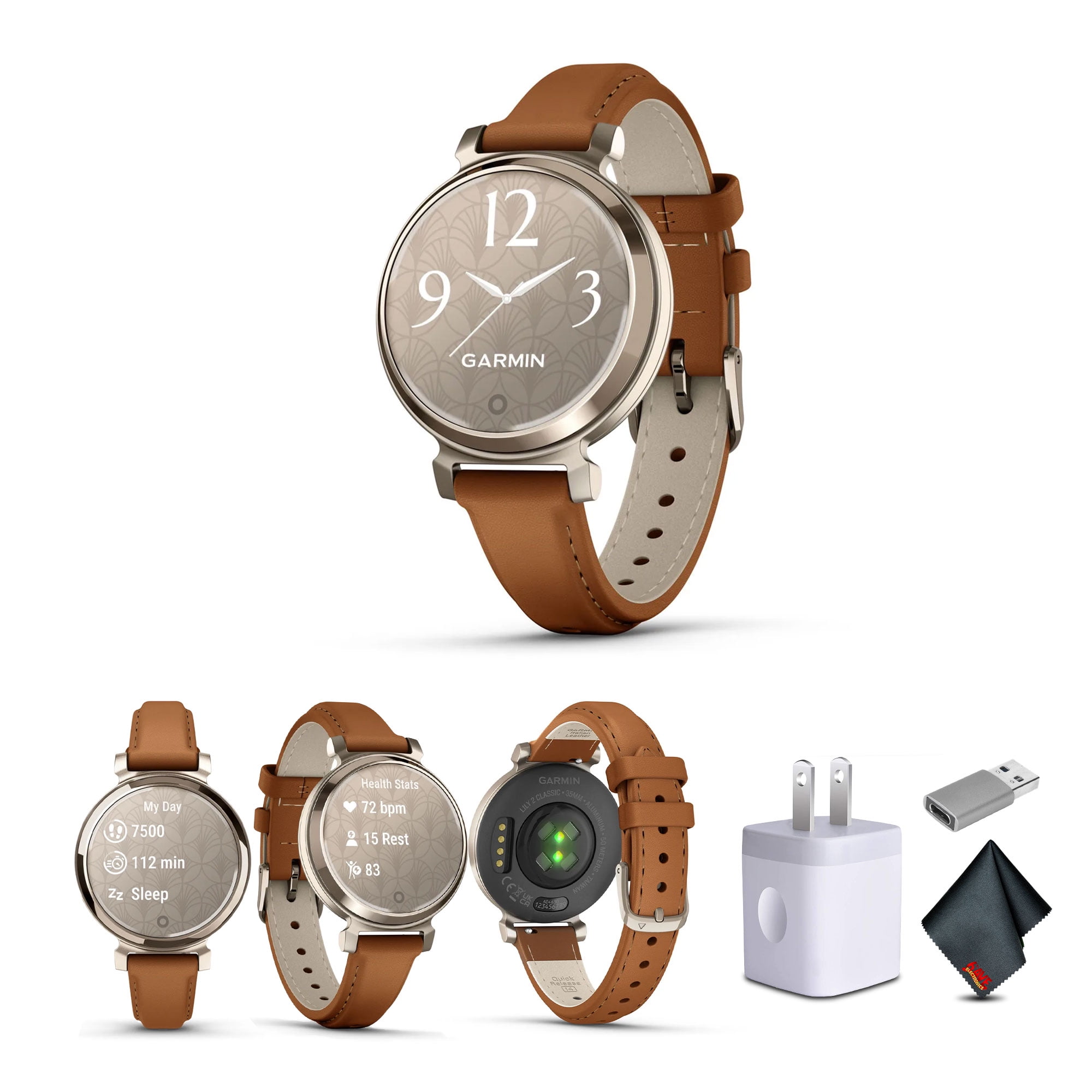 Garmin Lily 2 Classic Smartwatch Stylish Cream Gold with Tan (010-02839-02) Health and Fitness Smart Watch Bundle