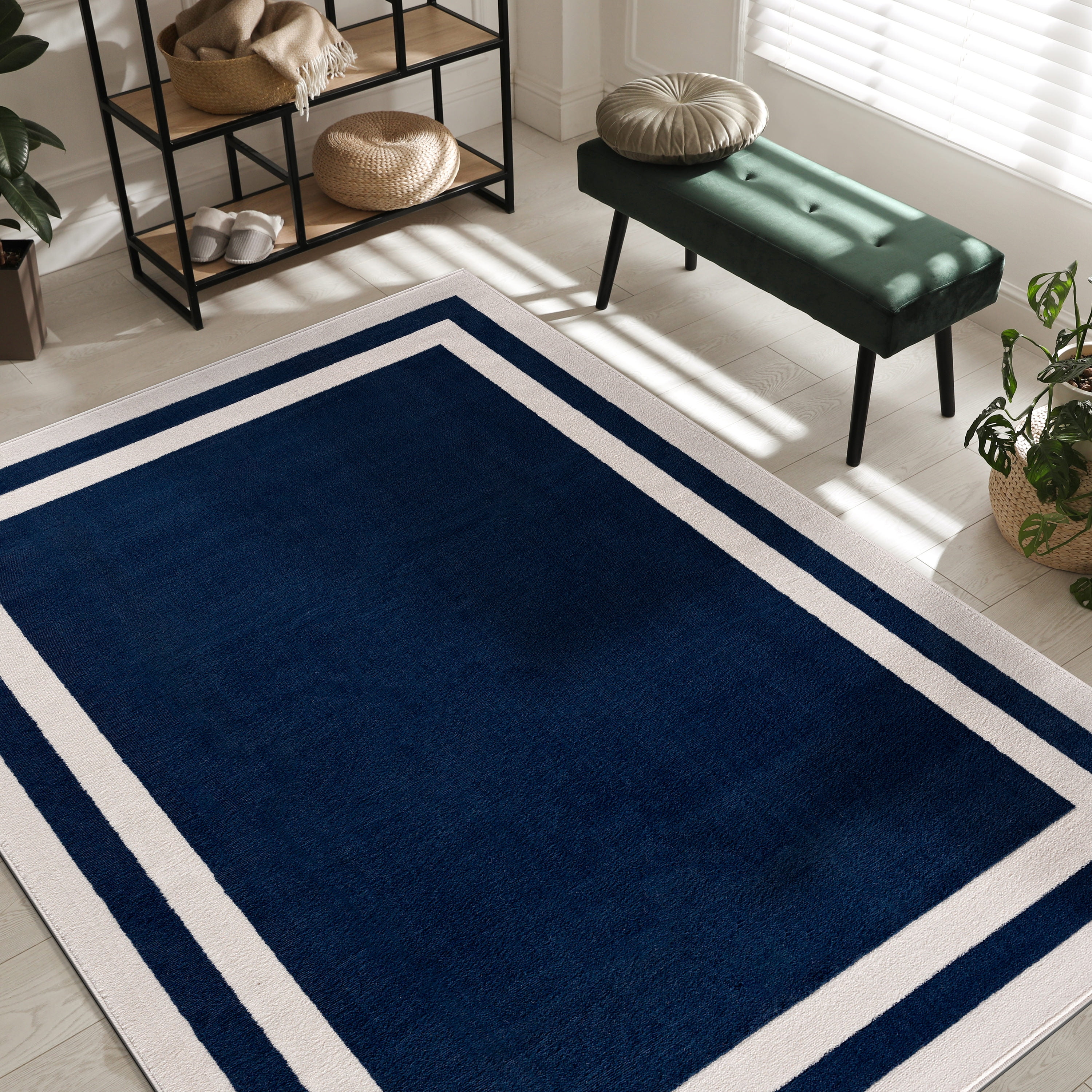 CAMILSON Crystal Navy Blue Area Rug, 5'3" x 7' Bordered, for Living Room, Bedroom, Dining Room Navy Blue / Cream Indoor Area Rugs