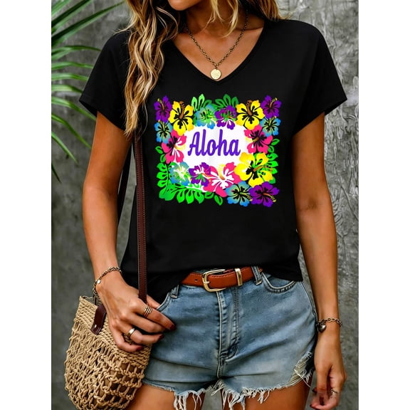 Tiki Party Hawaiian Shirt Luau Party Tshirt Family Vacation V Neck T-Shirt Cotton Women's V Neck Graphic Tee, Casual Short Sleeve Shirt,Vacation Outfit