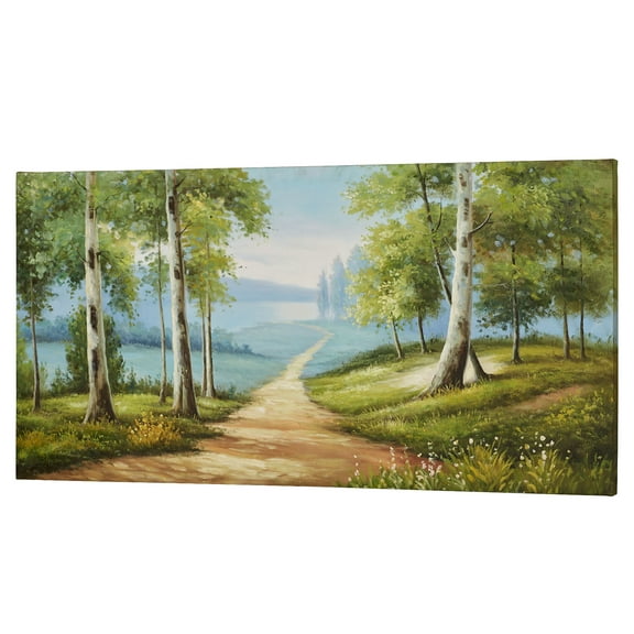 Afternoon Solitude Secluded Path Scenic Handpainted Oil on Canvas Wall Art Green, Blue and Tan 48"Wx24"H