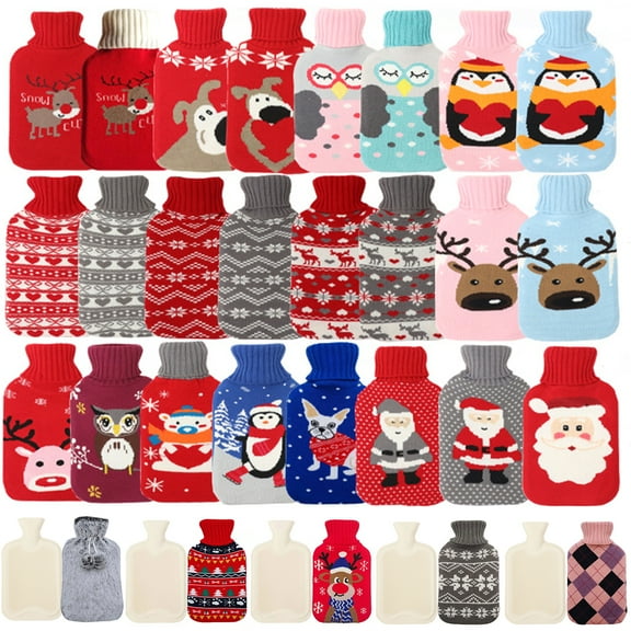 Happy date 500ml/1000ml/2000ml Rubber Hot Water Bottle with Cover Knitted, Christmas Elk Pattern Cover Hot Water Bag