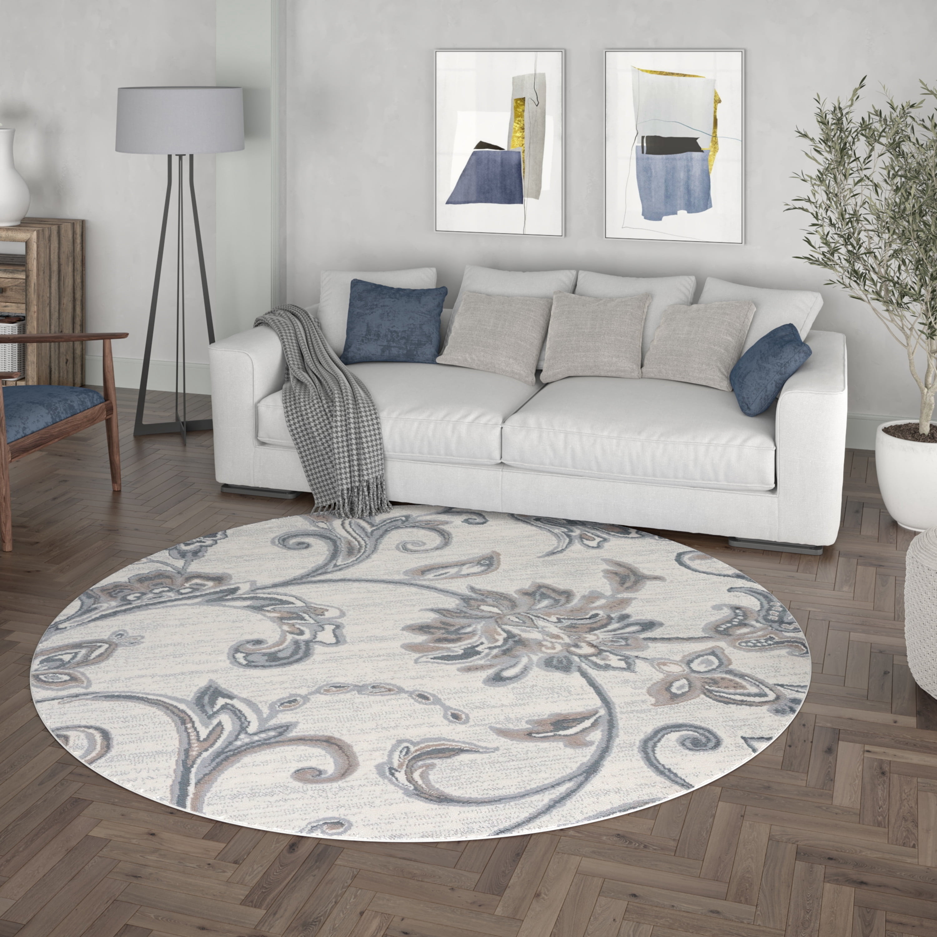 Madison Transitional 5' Round Cream and Gray Polypropylene Indoor Area Rug