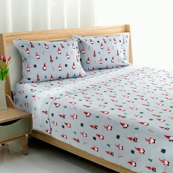 CozyGnome Queen Flannel Sheet Set - Soft & Cozy 4-Piece Bedding Collection with Pillowcases for Home Decor - Gnome Sweet Gnome Theme