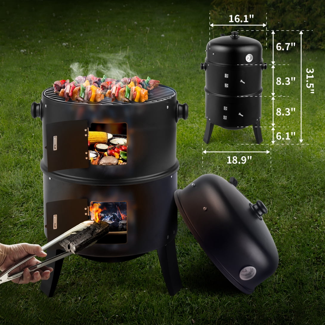 31" Steel Charcoal Smoker, Heavy Duty Round BBQ Grill with Adjustable Vent System, Detachable 2-Layers Outdoor Vertical Barbecue Cooker with Thermometer for Outdoor Cooking Patio Camping