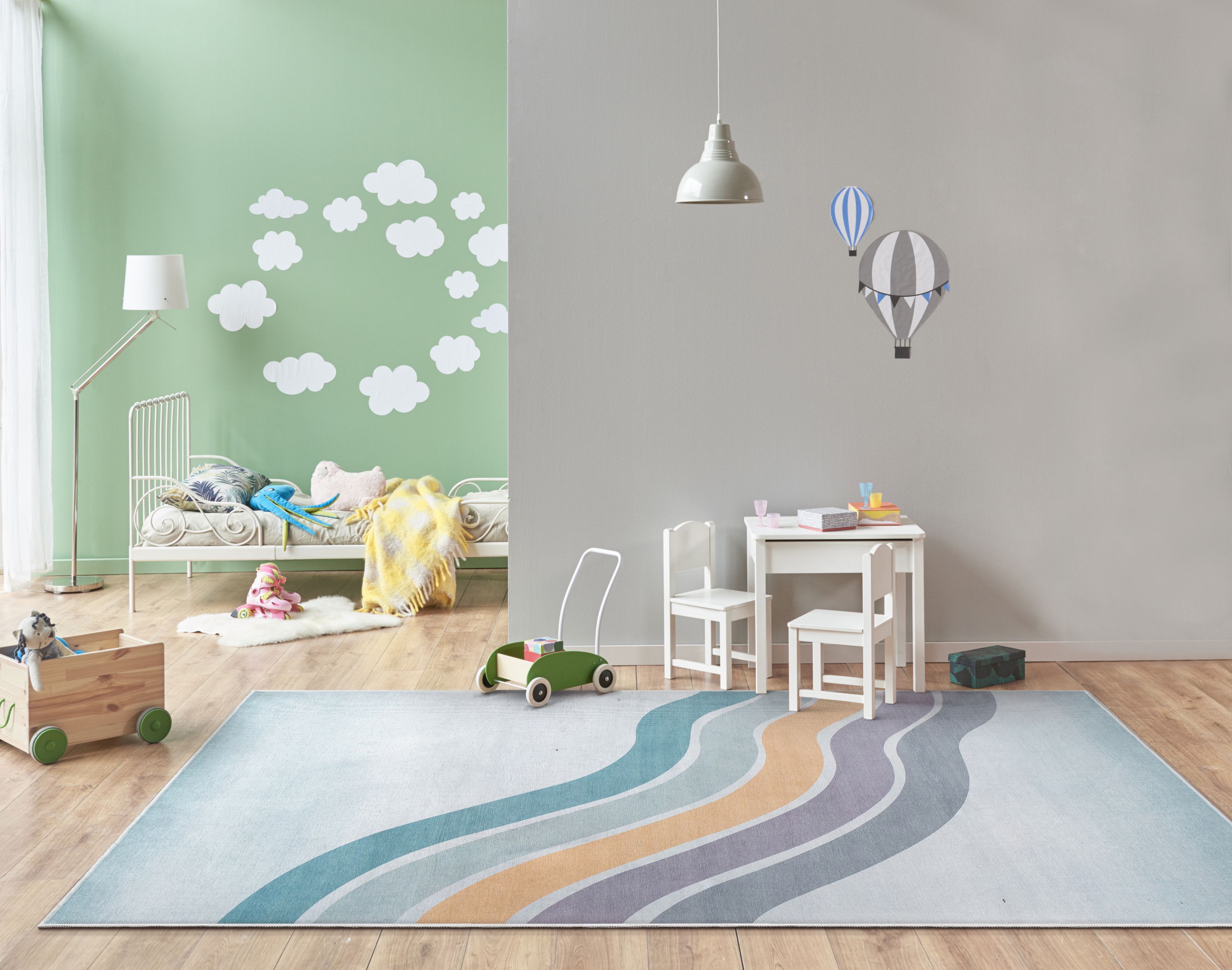 Well Woven Kids Rugs Curved Rainbow Modern Multi Color Printed Distressed Machine Washable 5' x 7' Area Rug