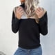 thumbnail image 2 of Mujeres manga larga solapa sudadera otoño moda vintage Plaid impresión costura mujeres pullover tops negro XL, 2 of 6