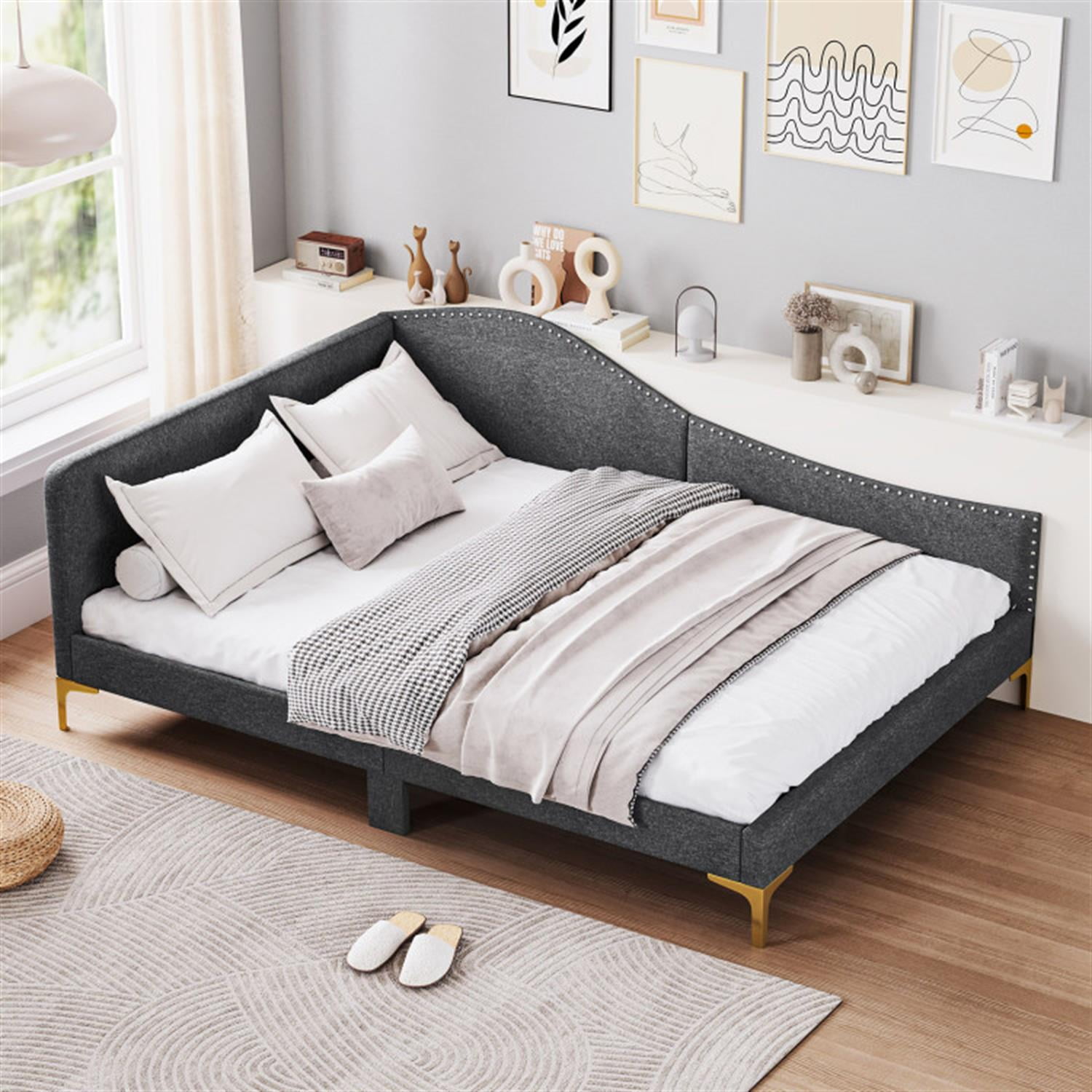 Demi Bonn Full Size Rivet-Tufted Daybed with Metal Legs and Wood Slats, Platform Bed Frame for Living Room, Bedroom and Guest Room, Gray