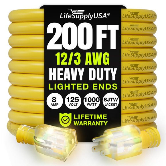 Cable de alimentación LifeSupplyUSA 61 m 12/3 AWG impermeable con luz