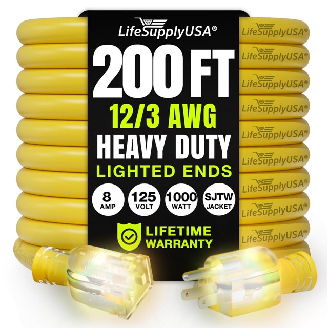 Cable de alimentación LifeSupplyUSA 61 m 12/3 AWG impermeable con luz