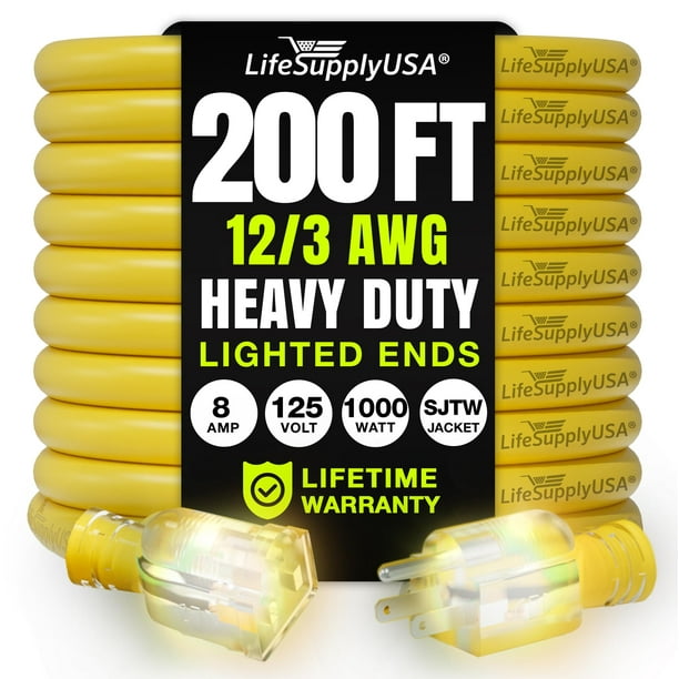 Cable de alimentación LifeSupplyUSA 61 m 12/3 AWG impermeable con luz