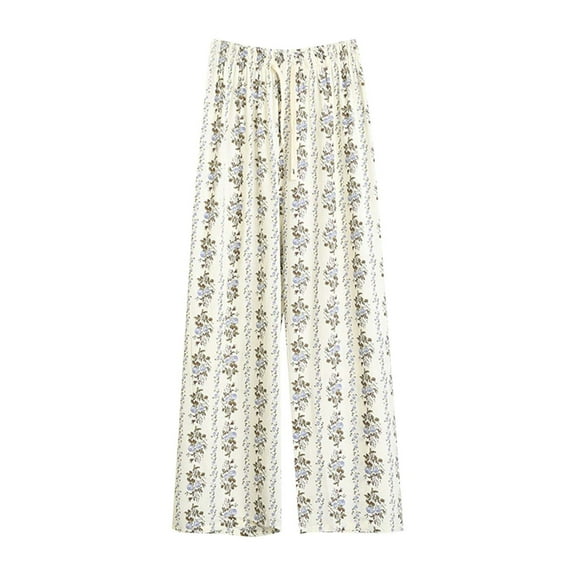 Women's Wide Leg Pants Floral Printed Casual Lounge Flowy Plus Size Pants Elastic Waisted Drawsting Pants (5XL, White 3)