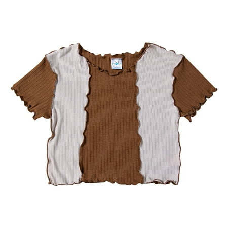 

Toddlers Girls Baby Colorblock Ruffles O-Neck Ribbed Knit Short Sleeve Cute Clothes Summer Casual Top Child Clothing Streetwear Kids Dailywear Outwear