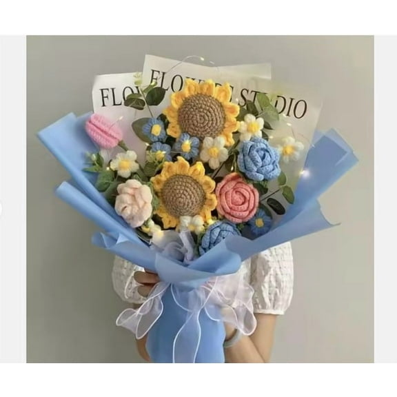 Blue/Crochet Flower Bouquet: Handmade Artificial Flowers, Knitted Flower Bouquet with Gift Bag and Light, an Ideal Gift for All Occation