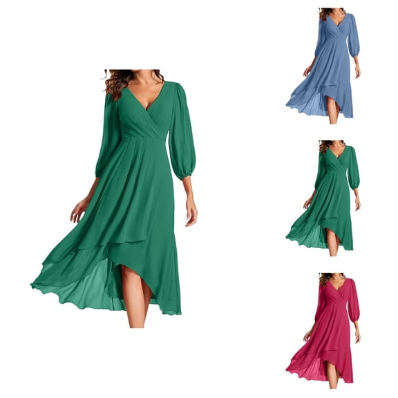 Evening Gowns for Women formal Holiday Dresses for Women Chiffon Spring V Neck Long Sleeves Pleated A Line Midi Length Wedding Guest Dress