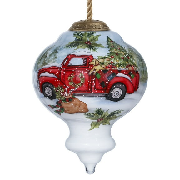 CC Christmas Decor Vintage Truck and Christmas Tree Glass Finial Ornament - 3.75"