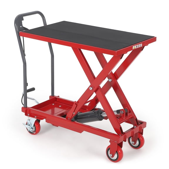 Hydraulic Scissor Lift Table Cart, 330 lb Capacity, 28.5" Lifting Height, Portable Workshop Platform with 4 Casters & Non-Slip Surface for Machinery, Material Handling & Assembly, Red