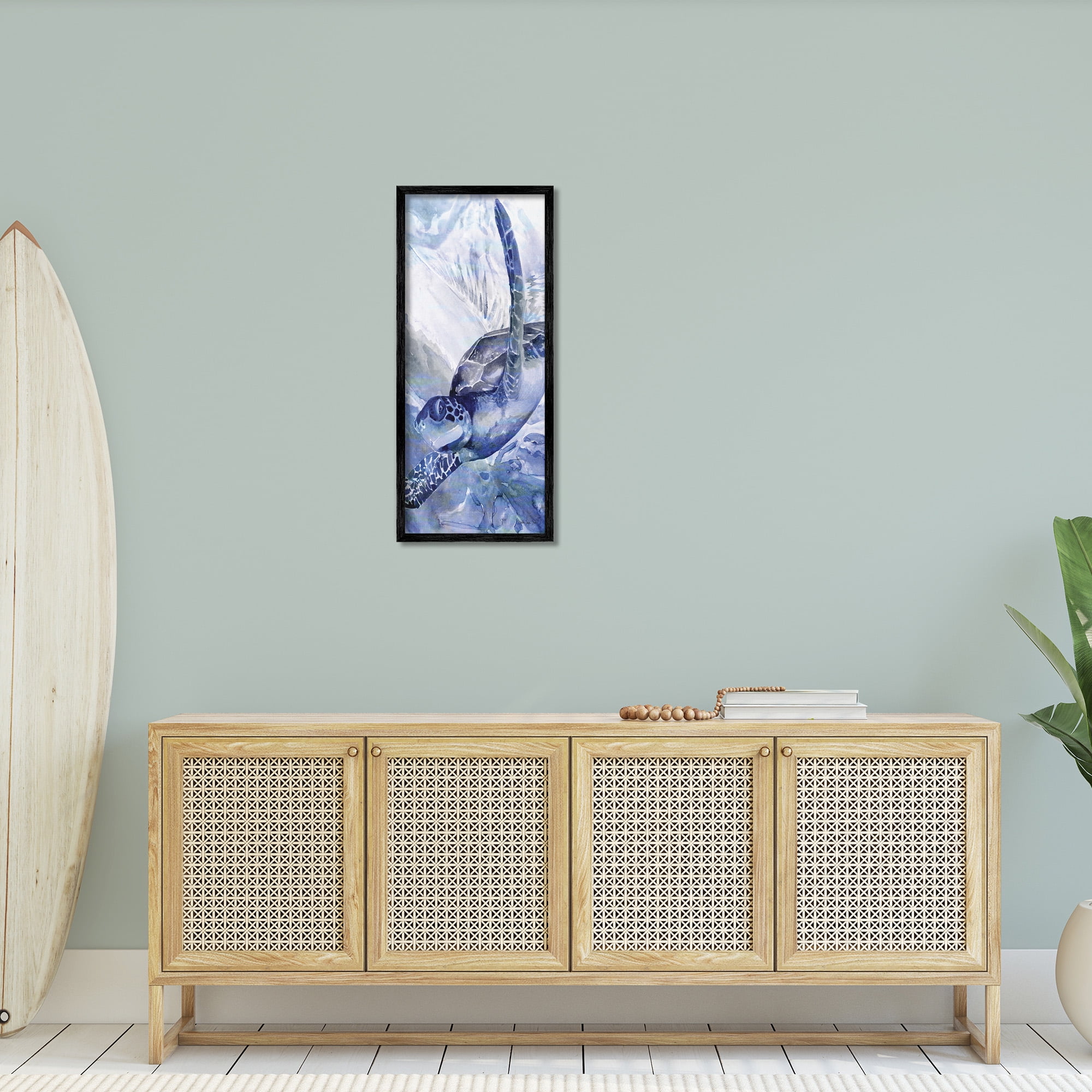 Stupell Industries Sea Turtle Swimming In Ocean Animals & Insects Painting Black Framed Art Print Wall Art, 13 x 30