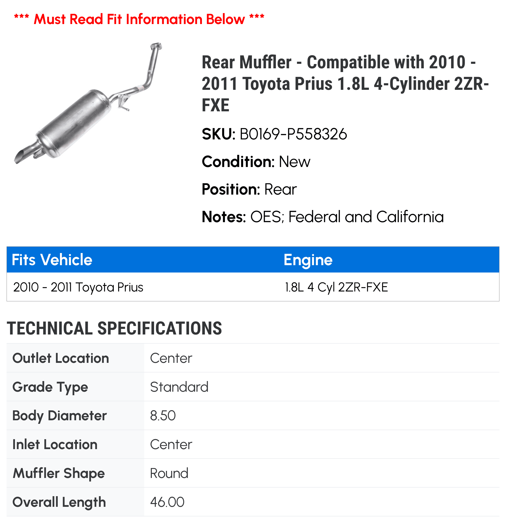 Rear Muffler - Compatible with 2010 - 2011 Toyota Prius 1.8L 4-Cylinder 2ZR-FXE