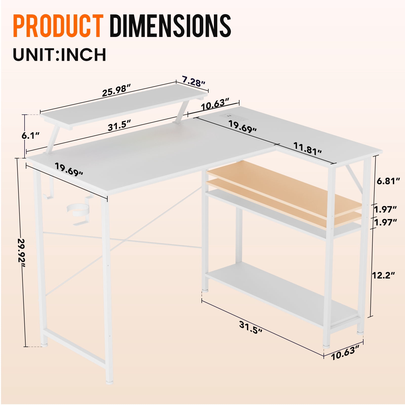 CLOUDREST PTO 42" L-Shaped Office Desk with Power Outlets & RGB LEDs, White