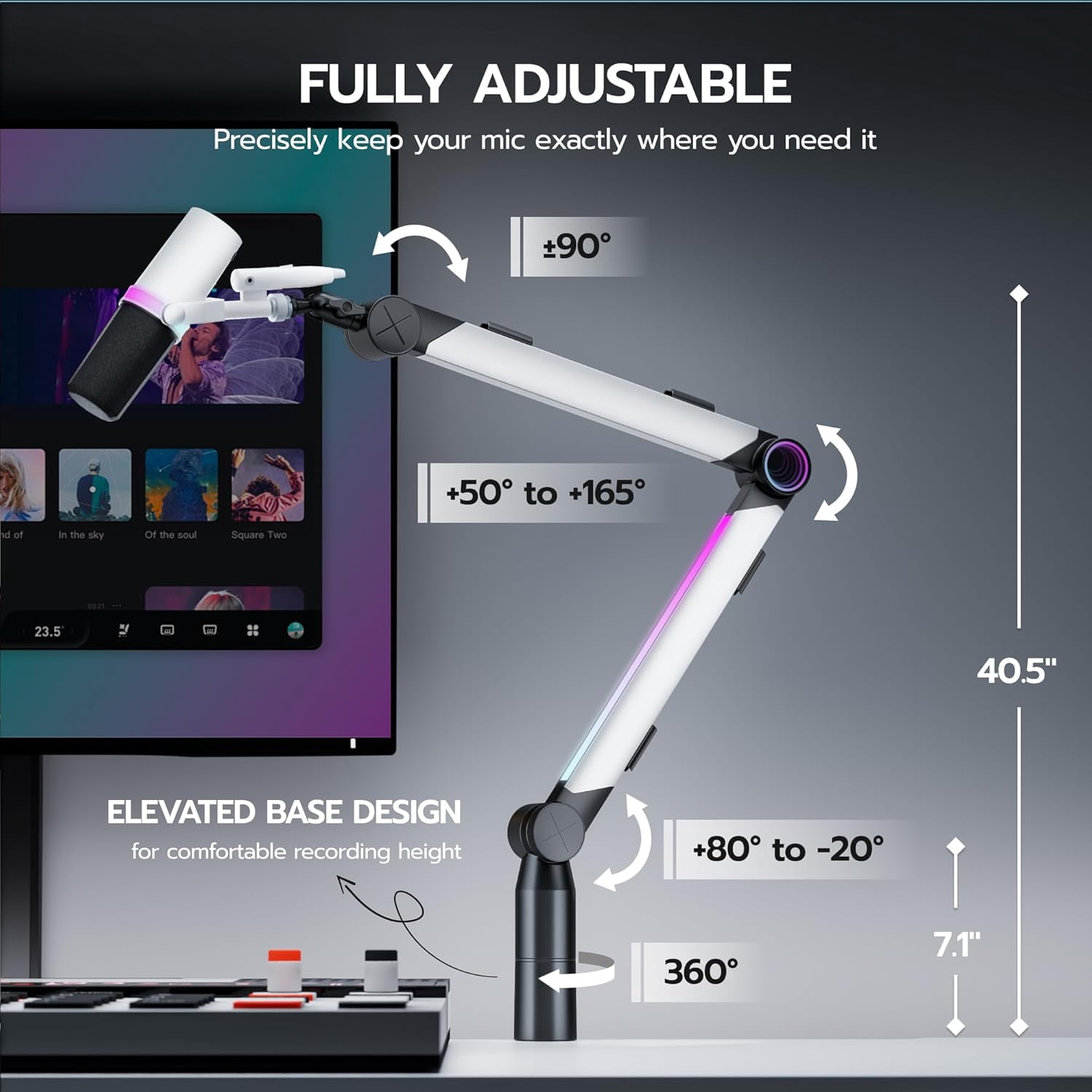 RGB Microphone  Arm with Volume Control, Adjustable Desk Mount for Gaming Streaming Podcasting